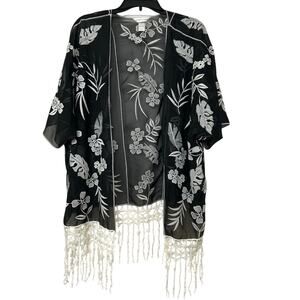 Christopher & Banks Sheer Black Floral Embroidered Kimono Wrap Fringe One Size